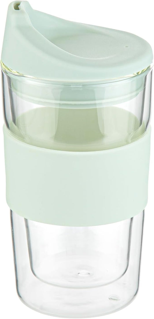 Restaurantware Glass Travel Mug 1 Count 12 Ounce Double Wall Borosilicate Reusable Coffee Cup, Spill-Resistant Mint Green Silicone Lid, Clear Drinkware Mug for Hot and Cold Beverages