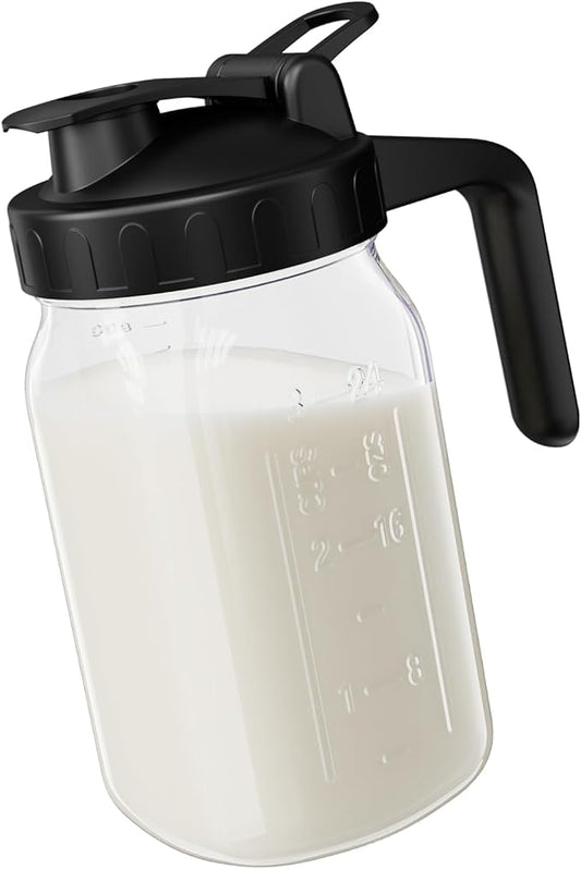 Breast Milk Pitcher - 32 oz Glass Mason Jar with Dual Leak-Proof Design, Airtight Seal, Pour Spout & Handle, Storage Container for Breastmilk, Iced Tea & Ice Drinks（Black）