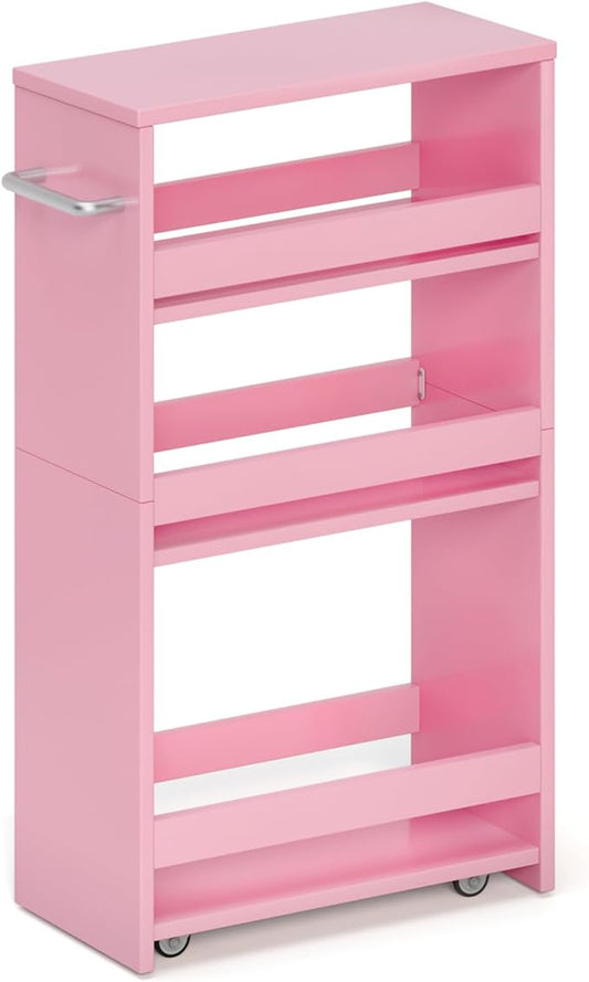 MARTY Rolling Storage Cart 7.9" W, 4-Tier Kitchen Cart with Wheels Handle, Slim Storage Cart Mobile Shelving Utility Carts for Bathroom Laundry Room Organization Narrow Places (Pink)