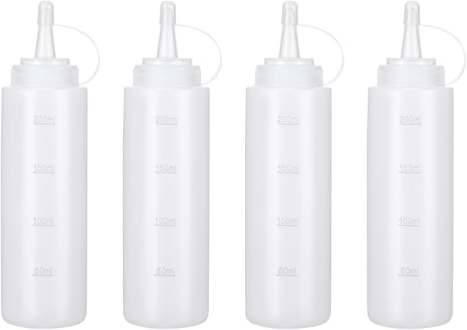 Katfort Condiment Squeeze Bottles Ketchup Dispenser, 4 Pack 8oz Squeeze Bottles for Liquids, Plastic Sauce Bottle with Cap Lid, Squirt Bottles for Sauces Liquids BBQ Dressing Pancake Art