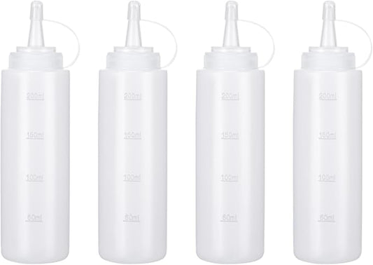 Katfort Condiment Squeeze Bottles Ketchup Dispenser, 4 Pack 8oz Squeeze Bottles for Liquids, Plastic Sauce Bottle with Cap Lid, Squirt Bottles for Sauces Liquids BBQ Dressing Pancake Art
