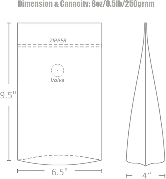 8 Ounce 50 Pieces Coffee Bags with Ziplock - High Barrier Natural Kraft Paper Stand up Coffee Pouches with Air Release/One Way Degassing Valve & Reusable Zipper (50, 8oz/0.5lb/250gm)