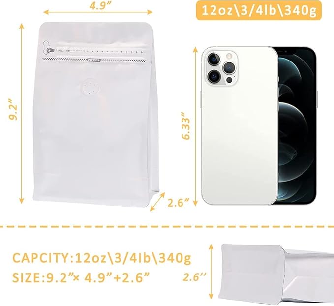 Coffee Bags with Valve(12 oz,3/4 lb,50pcs) White High Barrier Aluminumed Foil Flat Bottom Heat Sealed Coffee Beans Packaging Bags Side Zipper Resealable Bags for Home or Business