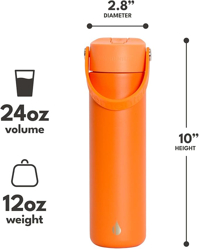 Elemental 24oz Insulated Water Bottle with Straw - 100% Leak-Proof Stainless Steel Core Water Bottles for Travel, Sports and Gym - Double Wall Insulation & BPA Free - Orange