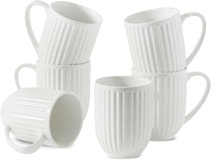 HASENSE Ceramic Coffee Mugs Set of 6, 16 Oz Large Ribbed Coffee Cups with Big Handle, Unique Modern Style White Latte Mugs for Tea,Cocoa,Milk,Cappuccino, Microwave & Dishwasher Safe