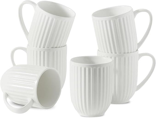 HASENSE Ceramic Coffee Mugs Set of 6, 16 Oz Large Ribbed Coffee Cups with Big Handle, Unique Modern Style White Latte Mugs for Tea,Cocoa,Milk,Cappuccino, Microwave & Dishwasher Safe