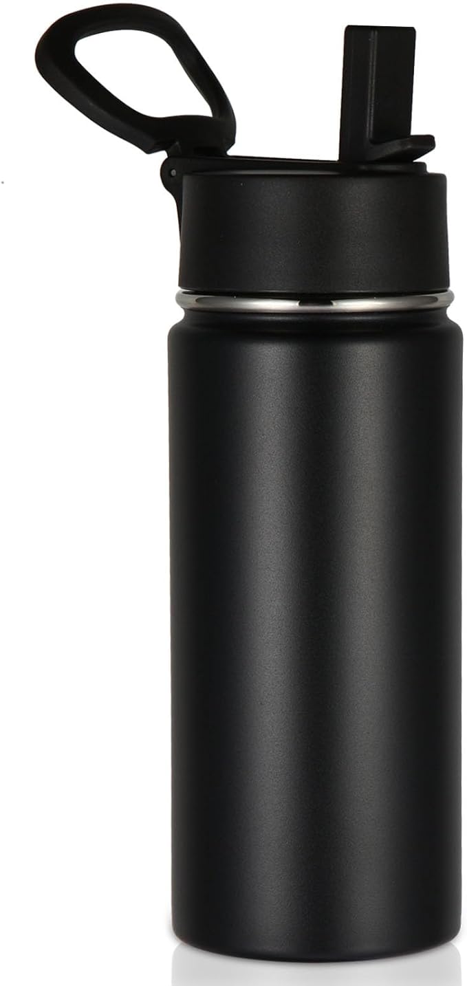 Volhoply Kids Insulated Water Bottle with Straw,16oz Stainless Steel Cold Water Bottles for School,BPA-Free Metal Wide Mouth Cups with Handle Lid,Reusable Double Wall Vacuum Sport Flask(Black,1)