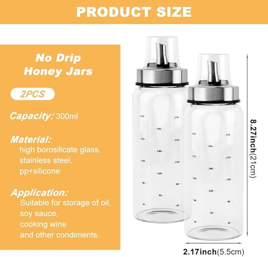 Loyanger Honey Dispenser No Drip, 10 OZ Honey Jar Maple Syrup Dispenser, Glass Honey' Dispenser Pot for Coffee or Tea, Honey' Container(COLOR:2pcs)