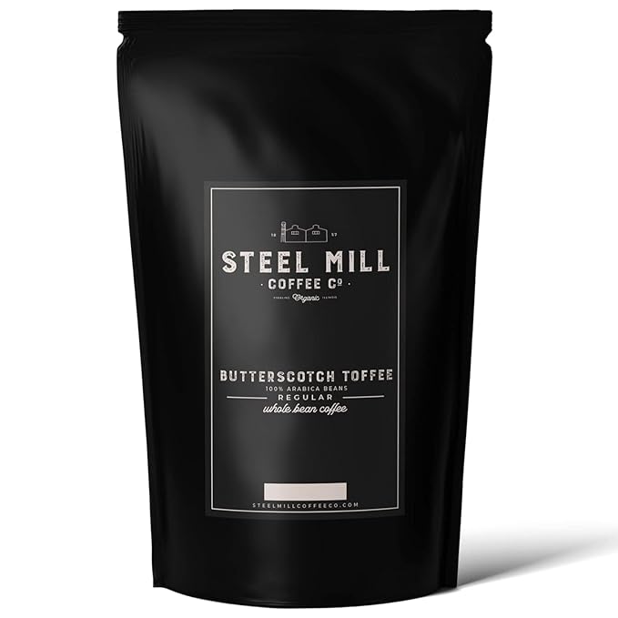 Steel Mill Coffee Co. Butterscotch Toffee Flavored Coffee – Ground – Medium Roast – 100% Arabica Beans – Vegan – Sugar-Free – Gluten-Free – Gourmet Coffee – 2lb Bag