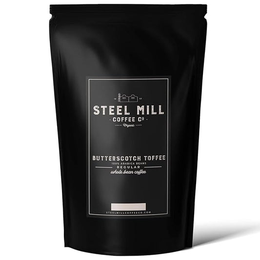 Steel Mill Coffee Co. Butterscotch Toffee Flavored Coffee – Ground – Medium Roast – 100% Arabica Beans – Vegan – Sugar-Free – Gluten-Free – Gourmet Coffee – 2lb Bag