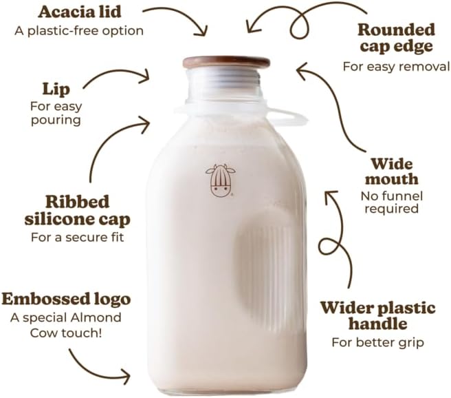 Almond Cow - Glass Pitcher with Lid and Spout, Glass Bottle Milk Container for Refrigerator, Clear Milk Jar Bottles, Food-Grade Liquid Container - 60 fl oz Capacity, 5 x 4 x 10 Inches