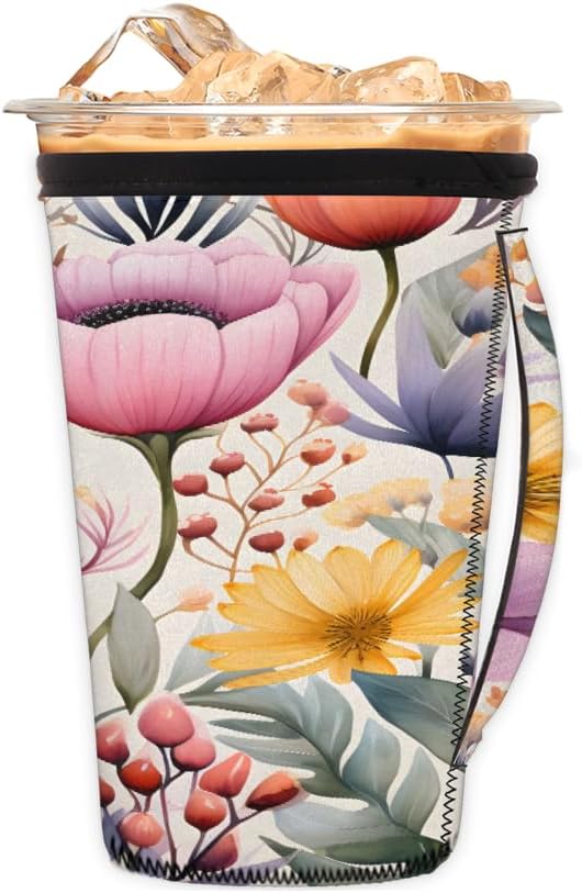 Reusable Iced Coffee Cup Sleeve Florals Neoprene Insulated Sleeves Cup Holder with handle Idea for 16oz - 18oz