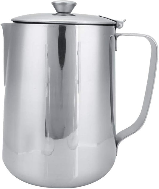 Stainless Steel Coffee Steaming Pitcher - Milk Frothing Cup with Lid for Espresso Machine - Latte Coffee Art (600mL)