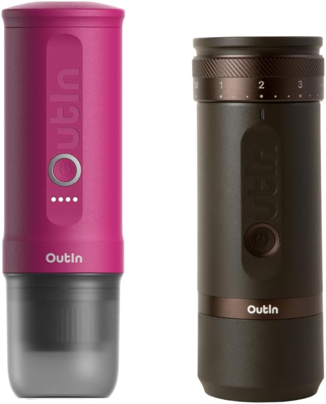 OutIn Nano Portable Electric Espresso Machine with Fino Portable Electric Coffee Grinder, Brown & Red