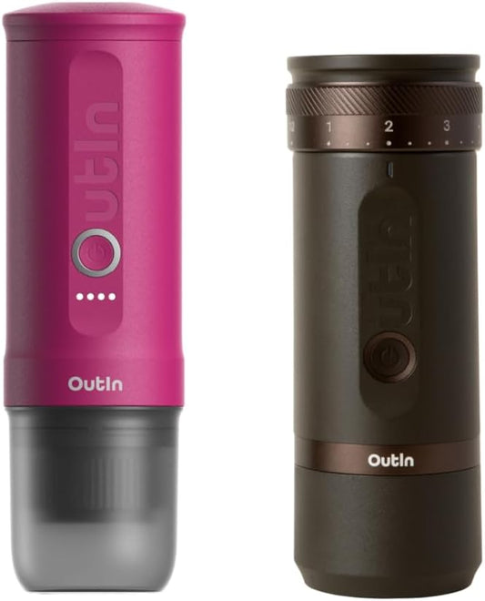 OutIn Nano Portable Electric Espresso Machine with Fino Portable Electric Coffee Grinder, Brown & Red