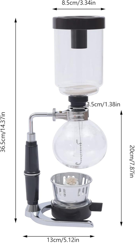 3-Cup Siphon Coffee Maker, Japanese Style Glass Vacuum Pot with Alcohol Burner, 360ml Tabletop Brewer for Premium Coffee & Tea, Transparent Brewing Experience-Black