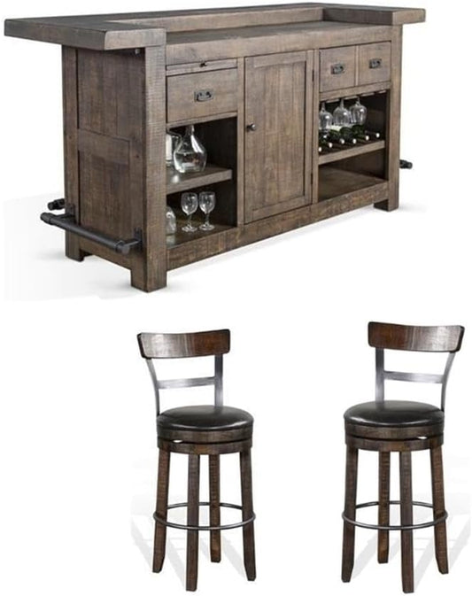 Pemberly Row Set of 3 Wood Bar Unit and 2 Swivel Barstool with Back - Dark Brown