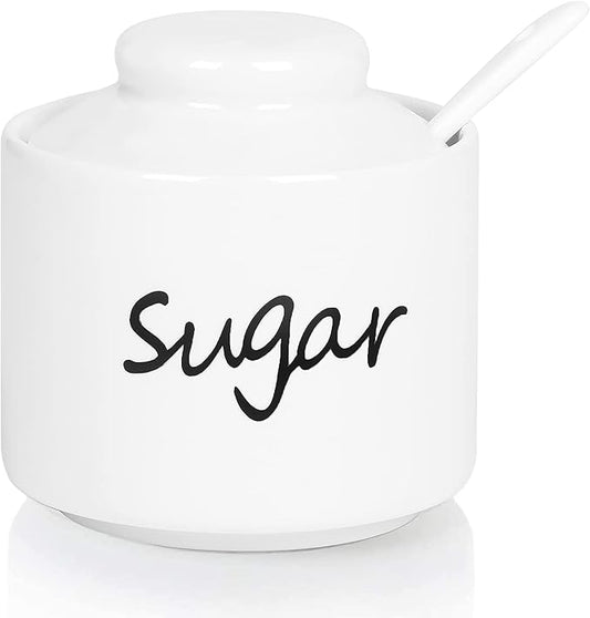 ONTUBE Ceramic Small Sugar Bowl with Lid and Spoon,Porcelain Sugar Pot,8oz (White)