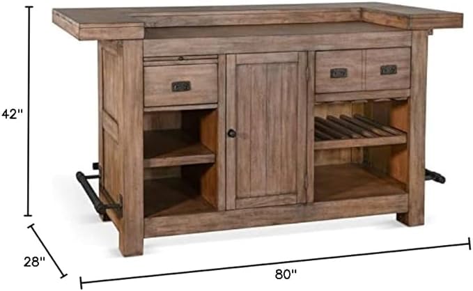 Pemberly Row 80" Farmhouse Wood Home Bar Unit, Stemware Rack, Wine Storage, Freestanding, in Taupe Brown