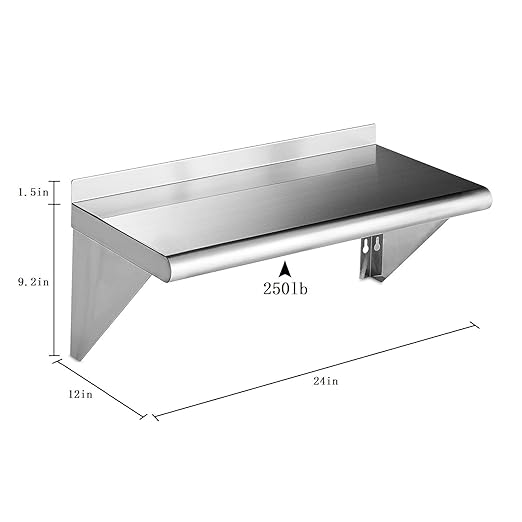 ROCKPOINT Stainless Steel Shelf 12 x 24 Inches 250lb, 2 Pack NSF Metal Commercial Shelves Wall Mount Floating Shelving with Backsplash for Restaurant, Kitchen, Home and Hotel, Silver