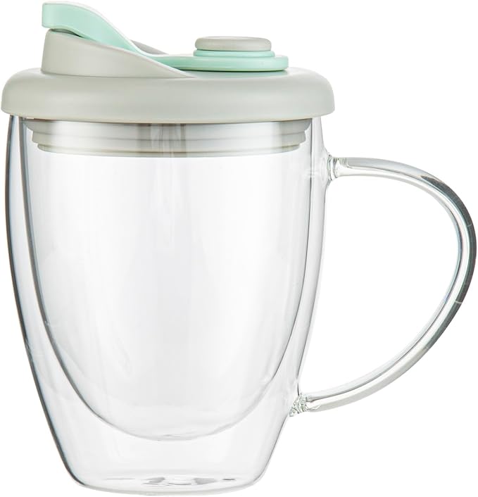 Restaurantware - Forma Professional 11.8 Ounce Insulated Travel Mug With Handle, 1 Double Wall Coffee Mug - Includes Lid, Reusable, Clear Borosilicate Glass Tumbler, Dishwashable, Microwavable