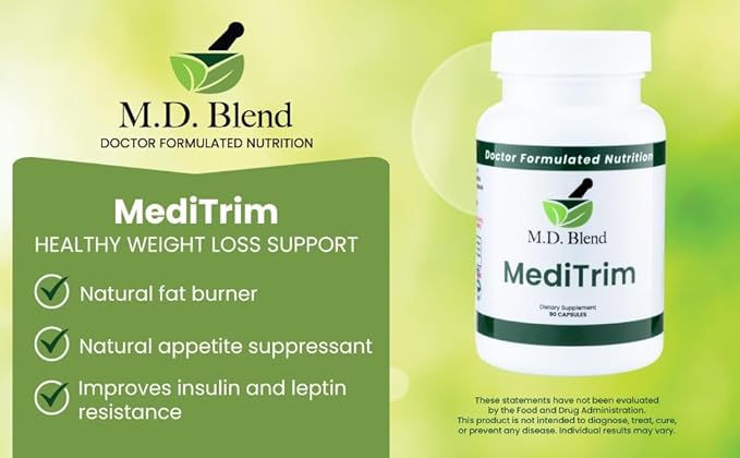 M.D. Blend M.D. MediTrim - Expert Formulated Supplement Energy, Satiety, & Physique Goals - Smooth System Balance - Green Coffee Bean, Green Tea, Apple Cider Vinegar, Hibiscus - 90 Capsules