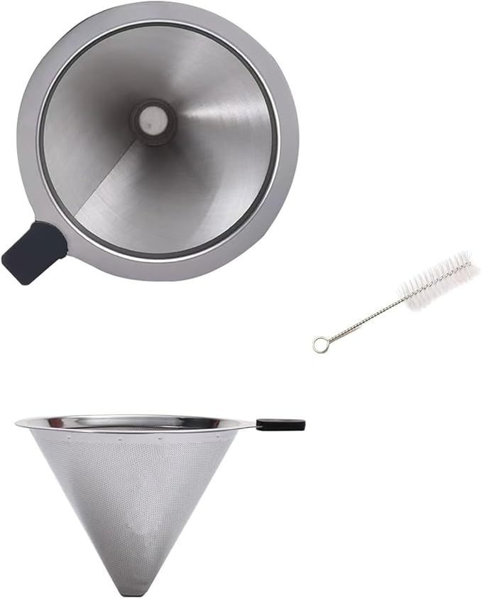 Reusable Permanent Paperless Coffee Pour-Over Dripper, Double-Layer 800-Mesh Stainless Steel, Fits Oval Containers, with Brush, 2-3 Cups for Home Travel Camping