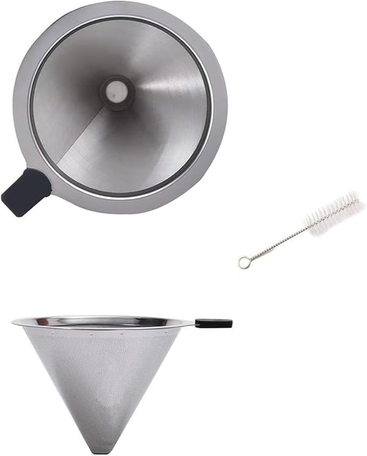 Reusable Permanent Paperless Coffee Pour-Over Dripper, Double-Layer 800-Mesh Stainless Steel, Fits Oval Containers, with Brush, 2-3 Cups for Home Travel Camping