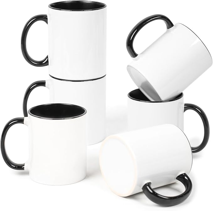 11oz White Ceramic Sublimation Coffee Mug With Solid Colors Inside and Handle, (108, Black)