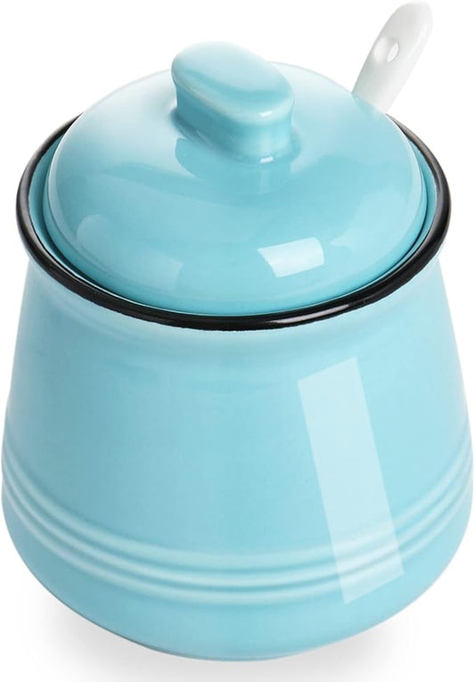 HAOTOP Porcelain Salt Bowl with Lid and Spoon,Ceramic Sugar Bowl 12oz (Turquoise)