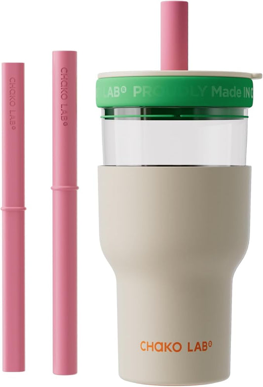 CHAKO LAB Insulated Stainless Steel Water Bottle | Dual-layer tumbler with Glass Linner and Stainsteel Linner | BPA-Free Leak Proof Thermos | 20oz Bottle with Two Straw | White and Green