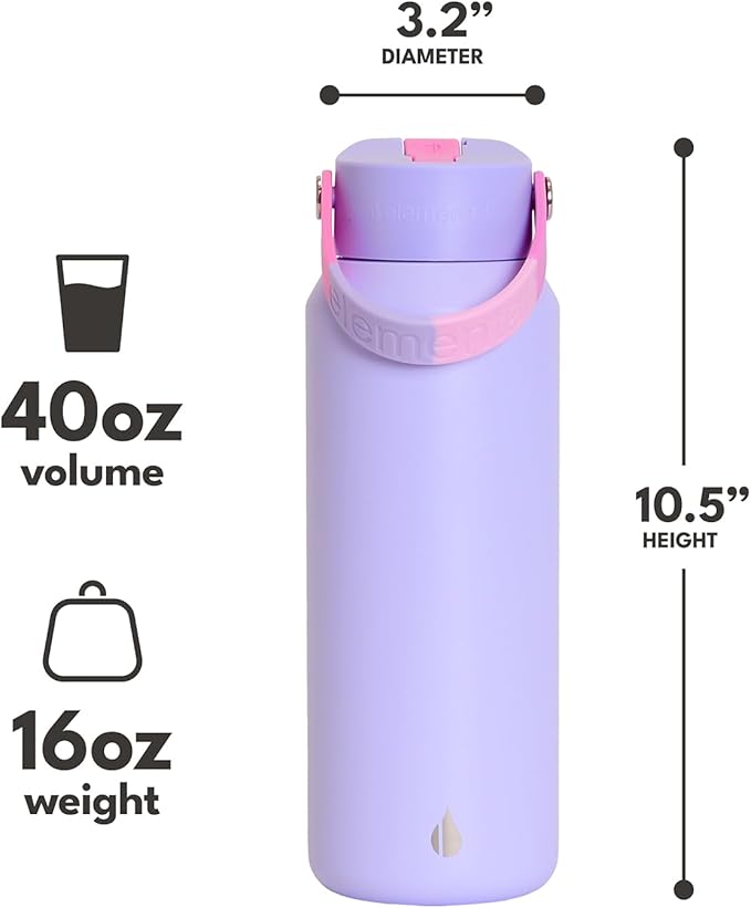 Elemental 40oz Insulated Water Bottle with Straw - 100% Leak-Proof Stainless Steel Core Water Bottles for Travel, Sports and Gym - Double Wall Insulation & BPA Free - Lilac Tie Dye