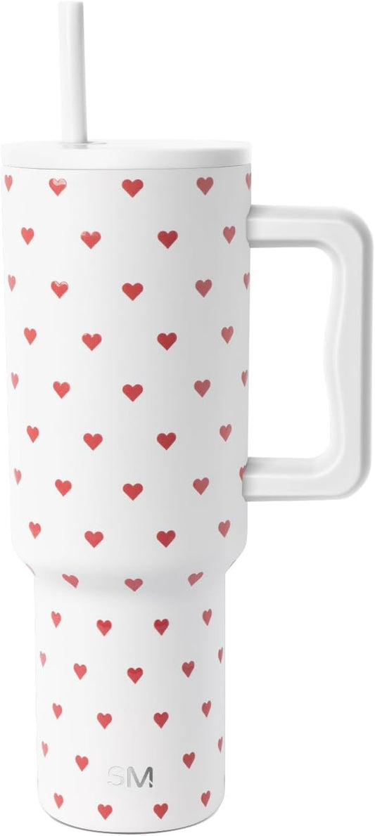 Simple Modern 40 oz Valentine's Day Trek Tumbler with Handle and Straw Lid | Cup Holder Friendly Insulated Stainless Steel Travel Mug | Crimson Hearts
