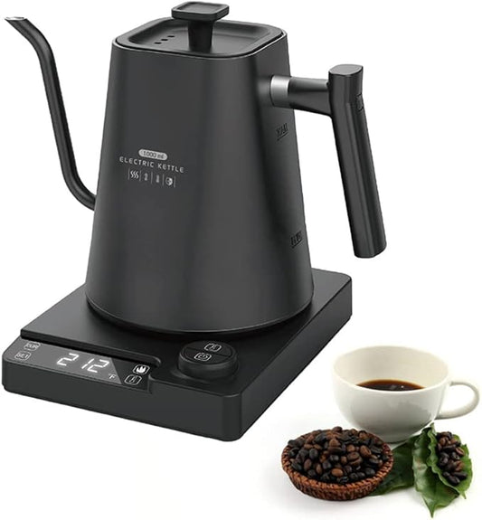 Smart Electric Kettle 1000ML Gooseneck Kettle With Temperature Control and 24H Keep Warm, 304 Stainless Steel Hot Water Kettle For White Tea, Coffee, Boiling Water (Black)