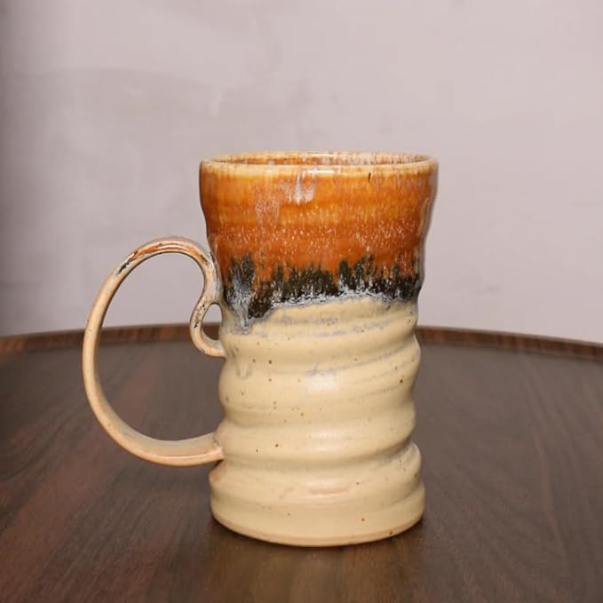 17oz Large Unique Cool Tall Handmade Ceramic Coffee Mug with Comfortable Big handle, Big Pottery Tea Mug, Artisanal Stoneware Coffee cup, Rustic Lead-free Tea Cups, Microwave safe,Biege and Brown
