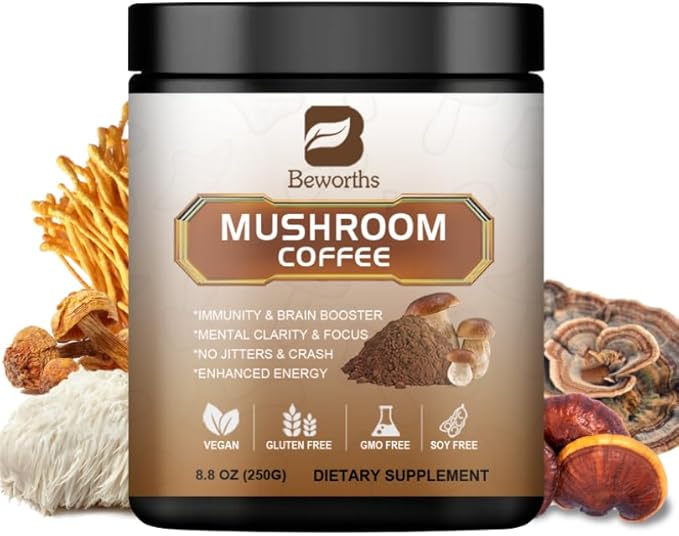 250g Mushroom Coffee - Lion's Mane Mushroom Instant Coffee Powder with Lions Mane, Reishi, Chaga, Cordyceps, Turkey Tail - Mushroom Alternative Coffe for Energy, Mental Clarity & Focus, Brain Booster