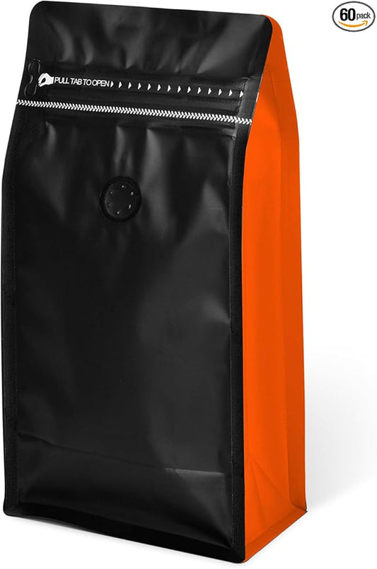 Coffee Bags with Valve(60pcs,16oz,1lb) Vented Coffee Beans Packaging Bags High Barrier Aluminumed Foil Flat Bottom Heat Sealed Side Zipper Resealable Storage Bag for Home or Business（Black+Orange）