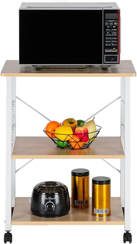 VINGLI Kitchen Cart, 3 Tier Standing Baker's Rack Utility Storage Shelf Microwave Oven Stand with 10 S-Shape Hooks Rolling Lockable Caster (Beige & White)