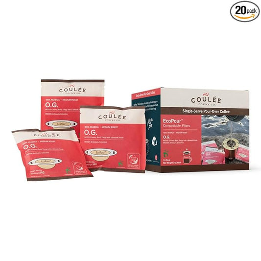 Coulée EcoPour O.G. Coffee, All Paper Single Serve Pour Over Colombian Coffee, Medium Roast, Use for Camping or Traveling, Pre Filled Compostable Filters, Ready to Brew with Hot Water, Plastic Free, 10 Pack