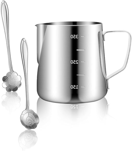 Milk Frothing Pitcher, 12oz/350ML Milk Frother Cup with Clear Scale 1PCS, Stainless Steel Cappuccino Espresso Machine Accessories for Barista Coffee Bar Attached Dessert Spoons 2PCS