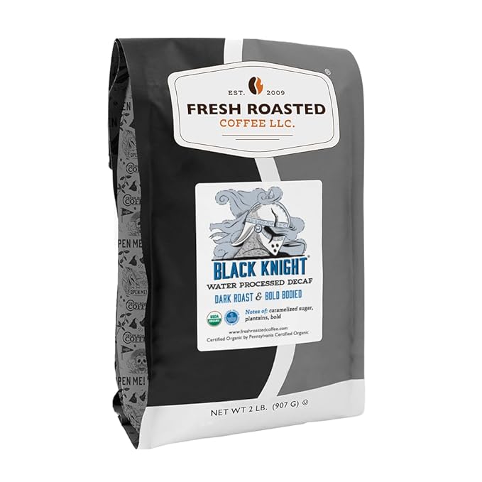 Fresh Roasted Coffee, Organic Black Knight Water-Processed Decaf | USDA Organic, Kosher | Dark Roast 2 lb (32 oz) Whole Bean