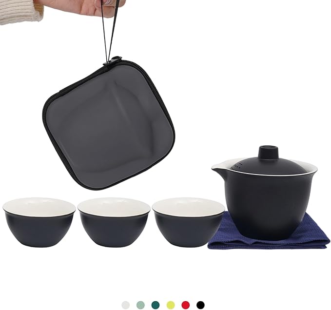 Porcelain Chinese Gongfu Tea Sets for Adults Portable Kungfu Teapot and Cup Set Small Ceramic Tea Party Set Travel Teaset with Lid for Home Gifting Outdoor and Office (Black)