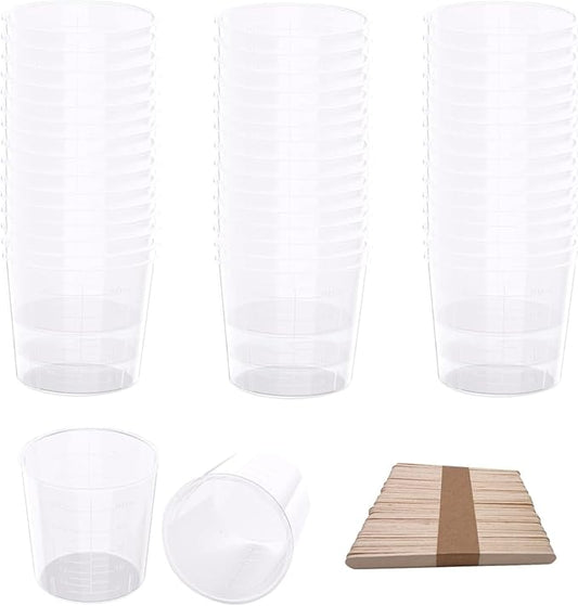 200 Pieces 2 Ounce Plastic Graduated Cups 60 ml Transparent Scale Cups with 200 Pieces Wooden Stirring Sticks for Mixing Paint, Stain, Epoxy, Resin