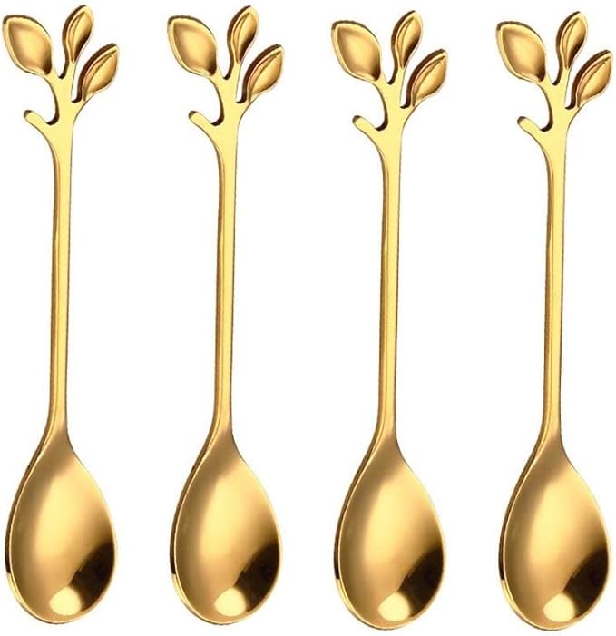 10 Pack Stainless Steel Leaf Coffee Spoon Tableware Dessert Spoons, Stirring, Mixing, Sugar, Stir, Ice Cream, Cake, Teaspoon 4.7 inch Gold