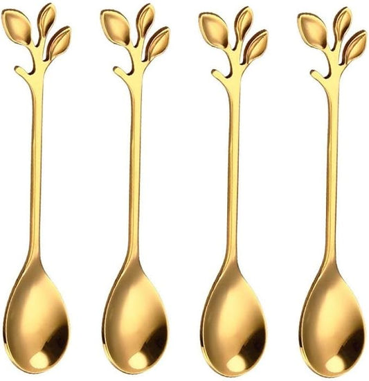 10 Pack Stainless Steel Leaf Coffee Spoon Tableware Dessert Spoons, Stirring, Mixing, Sugar, Stir, Ice Cream, Cake, Teaspoon 4.7 inch Gold