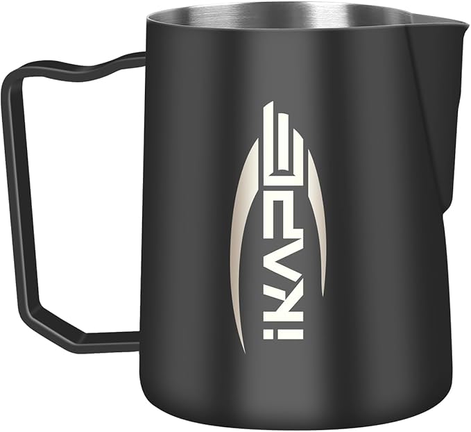 IKAPE Espresso Milk Pitcher, Espresso Steaming Pitcher with Sharp Spout for Espresso Barista Tool, 20.3 oz / 600ml Milk Frothing Jug (Black)