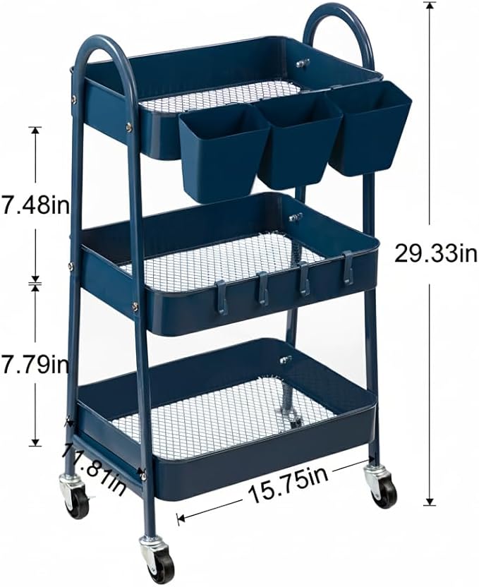 danpinera 3-Tier Rolling Cart, Utility Cart Mobile Metal Rolling Storage Cart with Lockable Wheels & Hanging Cups & Hooks for Kitchen, Bathroom, Office, Workshop, Dark Blue