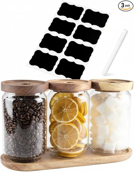 Glass Food Storage Containers with Lids, Airtight Kitchen Canister Set of 3, Pantry Organizers and Storage for Tea,Coffee,Sugar,Beans,Espresso,Rice,Flour, Cereal,Scoop,Bar Accessories,Gifts