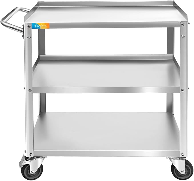 Treshin 3 Tier Stainless Steel Utility Cart Commercial Heavy Duty Rolling Cart Food Storage Service Trolley with Handle and Wheels for Kitchen Restaurant Hospital Lab and Hotel 19" W x 31" L x 34" H