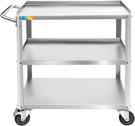 Treshin 3 Tier Stainless Steel Utility Cart Commercial Heavy Duty Rolling Cart Food Storage Service Trolley with Handle and Wheels for Kitchen Restaurant Hospital Lab and Hotel 19" W x 31" L x 34" H